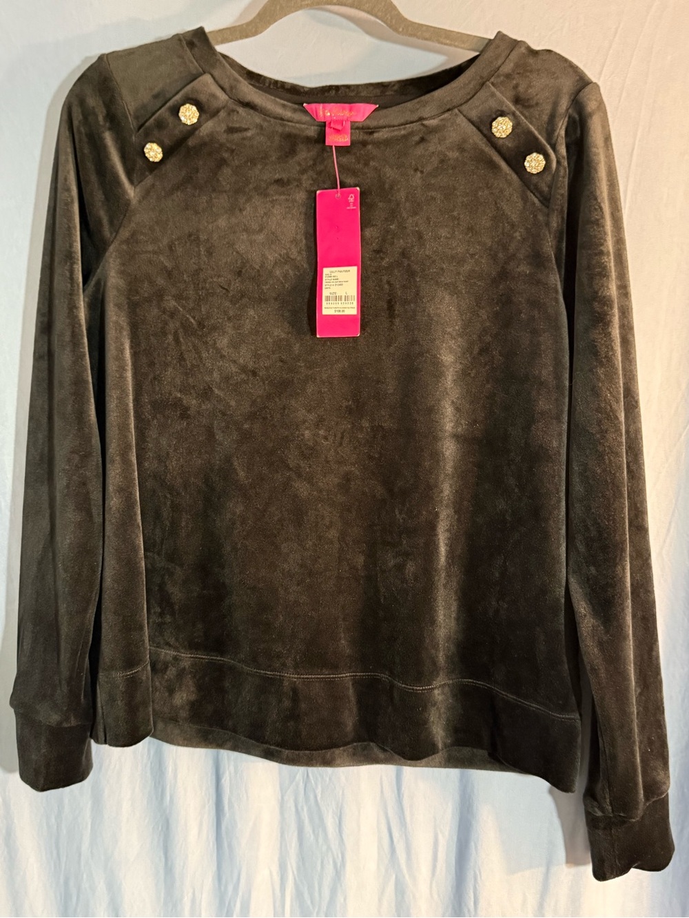 NWT Lilly Pulitzer Black Velvet Crewneck Sweatshirt Gold rhinestone Buttons